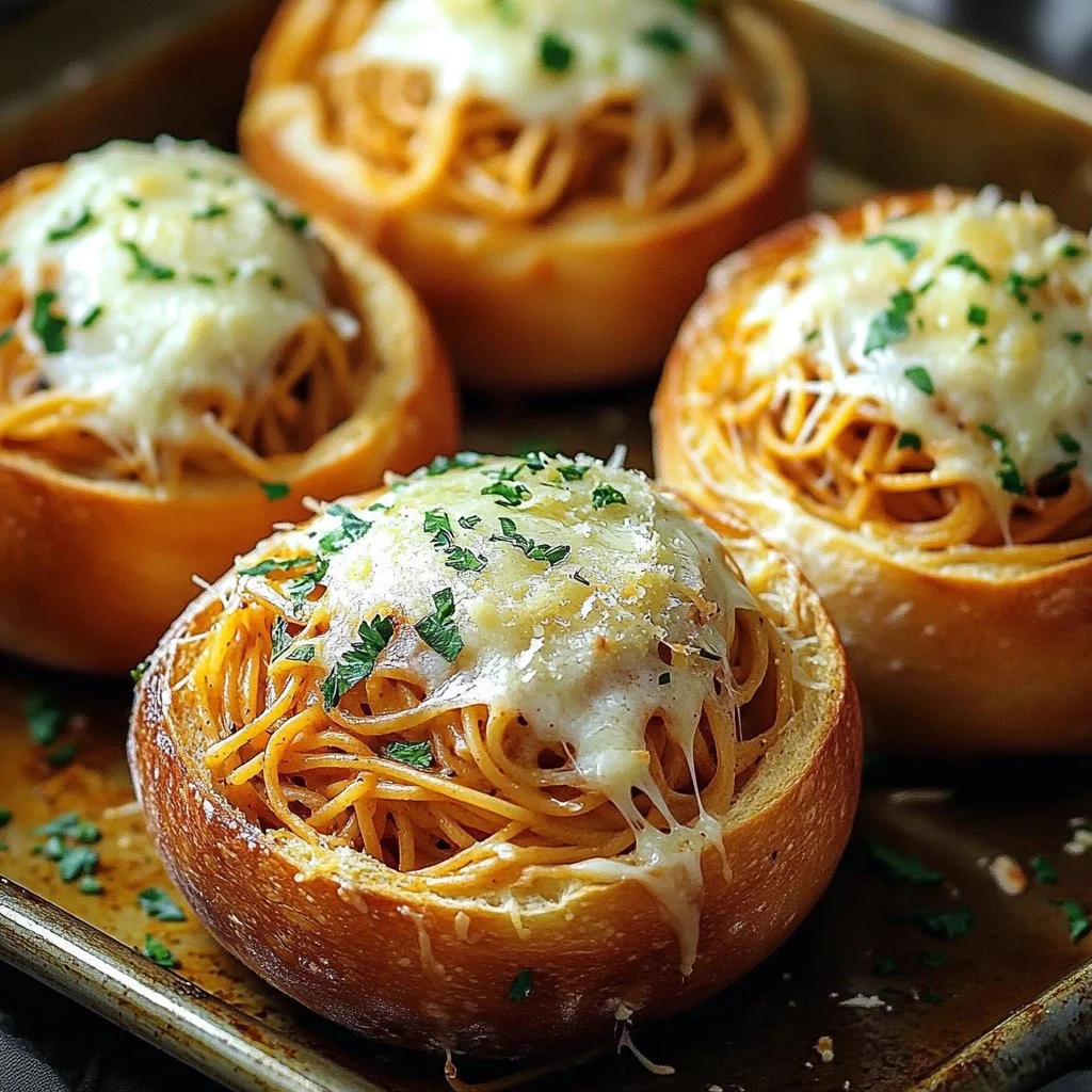 Spaghetti garlic bread bowls filled with spaghetti and topped with garlic bread