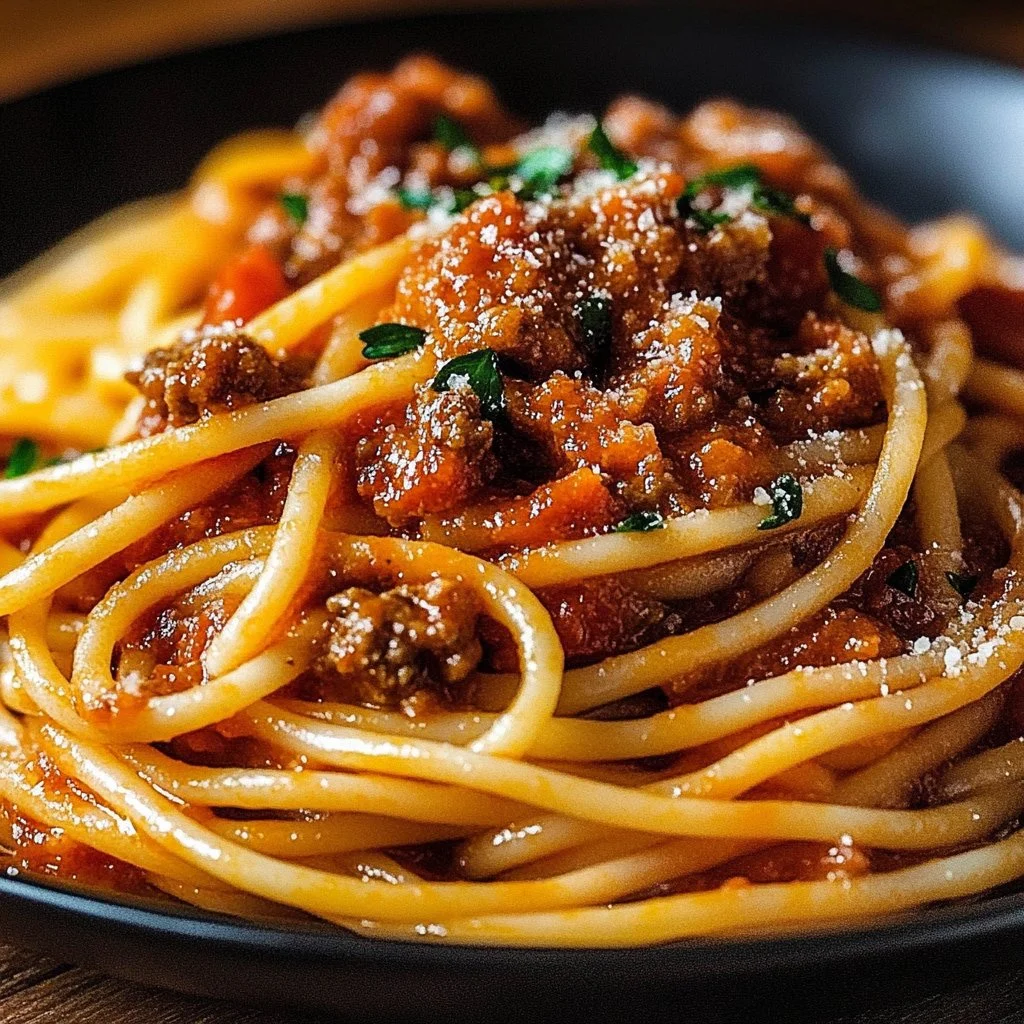 Bowl of spaghetti topped with rich meat sauce and fresh herbs.