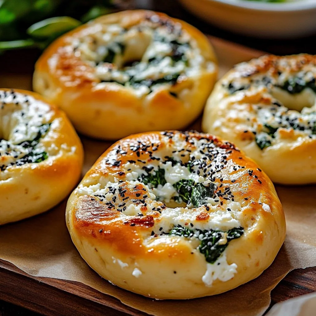 Freshly baked Spinach Cottage Cheese Bagels on a wooden board