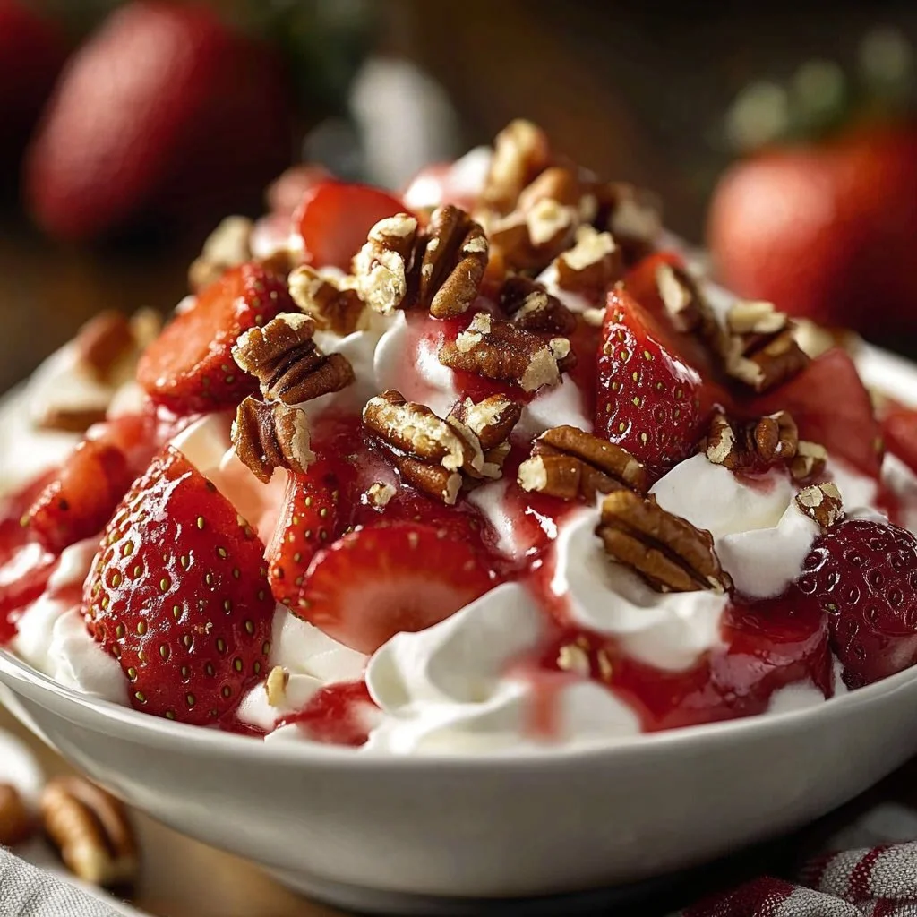 Delicious Strawberry Crackle Salad with fresh strawberries and crunchy toppings
