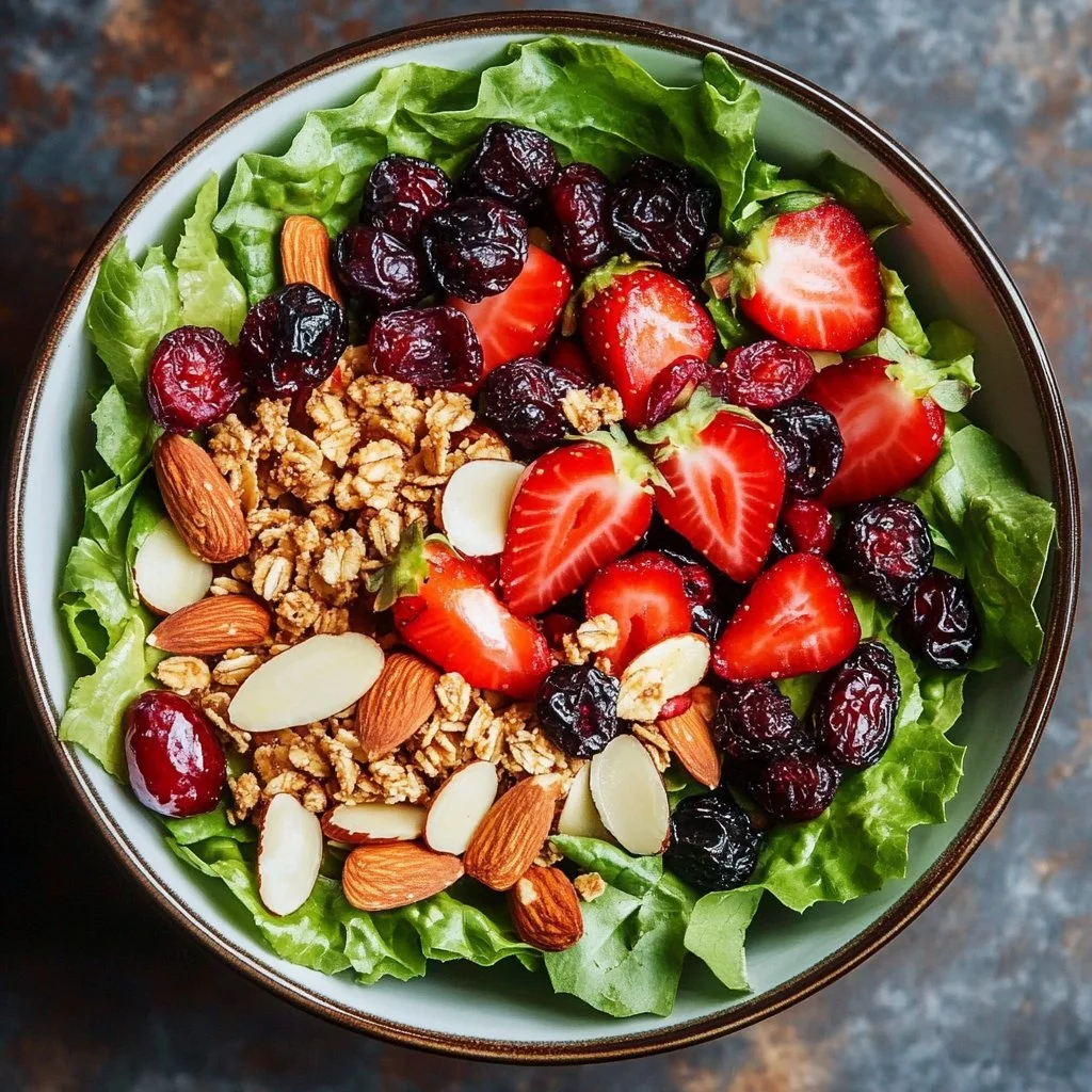 Delicious Strawberry Crunch Salad with fresh strawberries and crunchy toppings