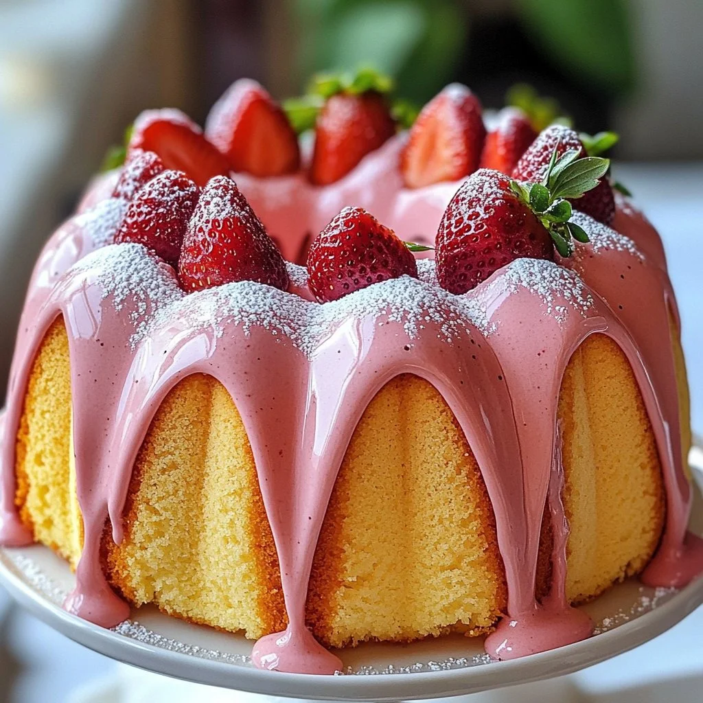 Slice of Strawberry Milkshake Pound Cake with fresh strawberries