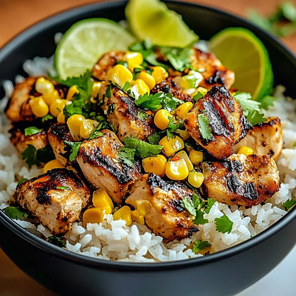 Delicious Street Corn Chicken Rice Bowl with grilled chicken and fresh ingredients