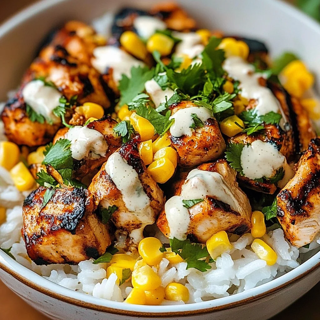 Delicious Street Corn Chicken Rice Bowl with grilled chicken and vibrant toppings