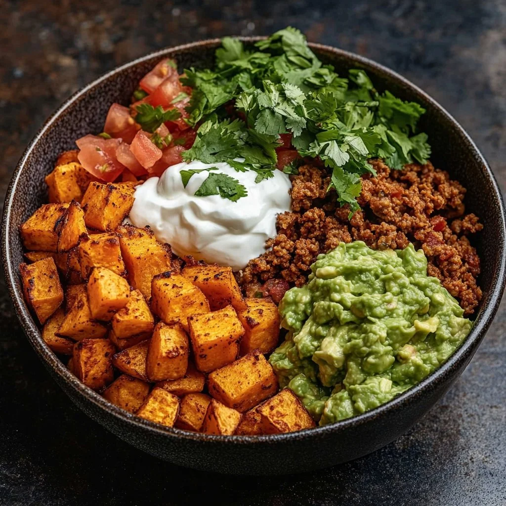 Colorful Sweet Potato Taco Bowl with toppings in a serving dish