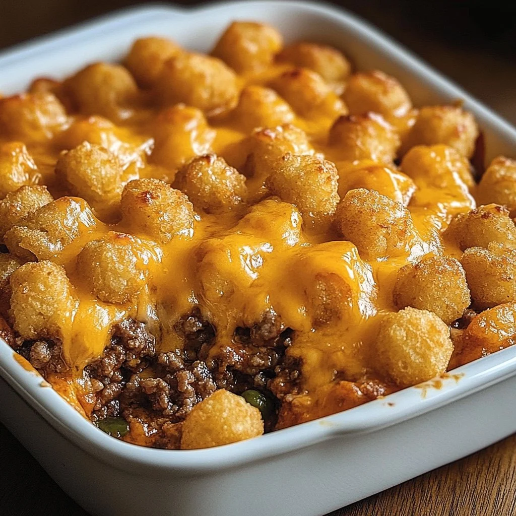 Delicious Tater Tot Casserole with Ground Beef topped with crispy tater tots.