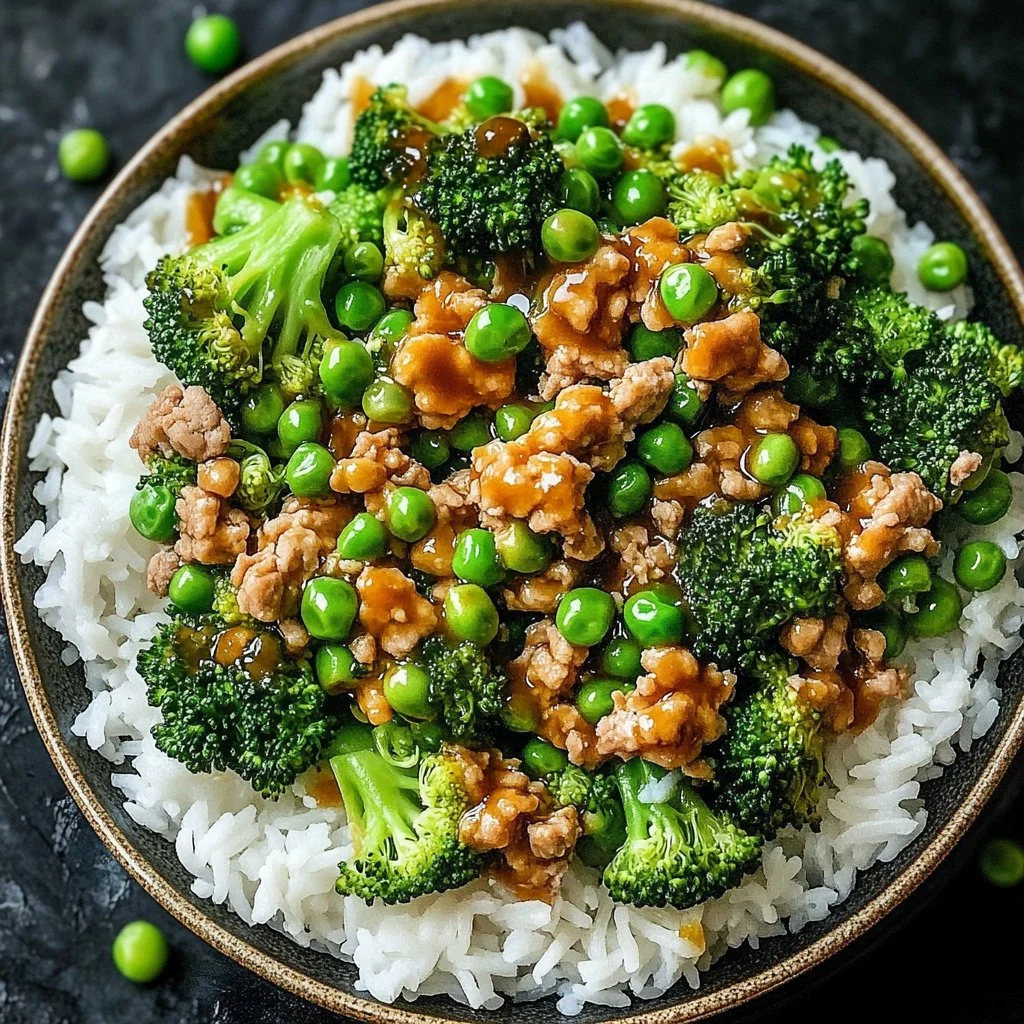 Plate of Teriyaki Ground Turkey with Broccoli and Peas for a healthy meal