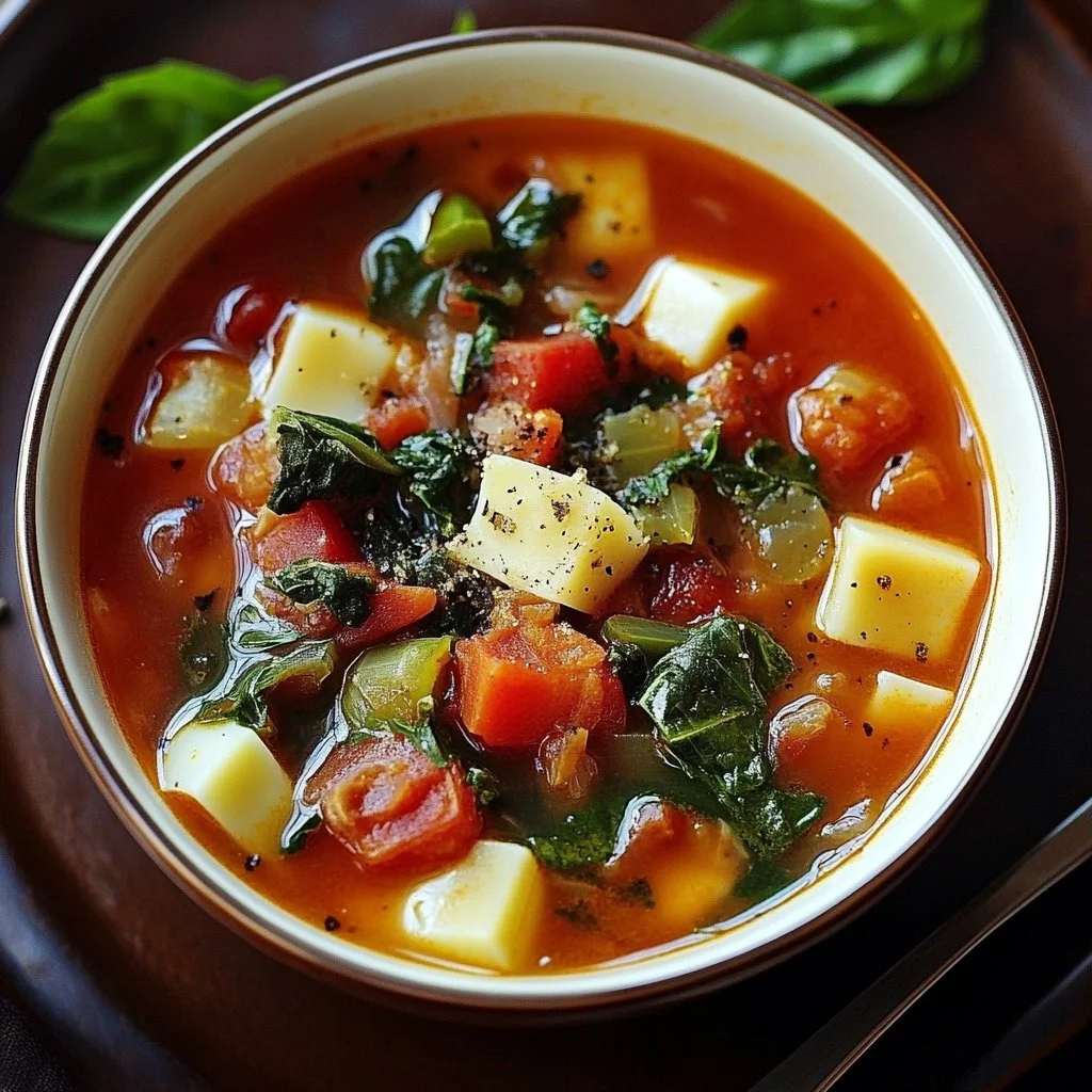 Bowl of delicious homemade Tuscan Soup with vegetables and herbs