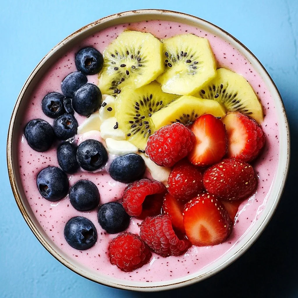 Colorful fruit smoothie bowl topped with Greek yogurt and fresh fruits.