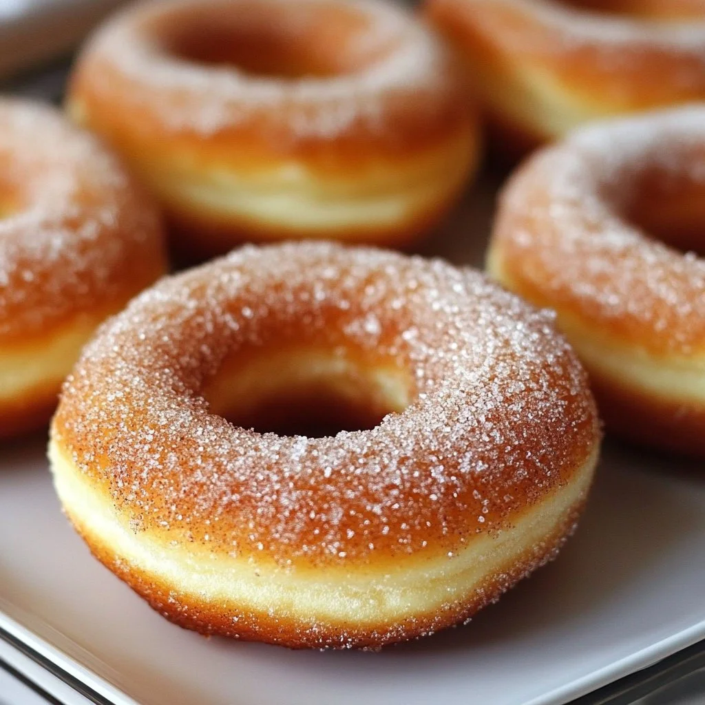 Baked cinnamon sugar donuts on a plate, dusted with sugar