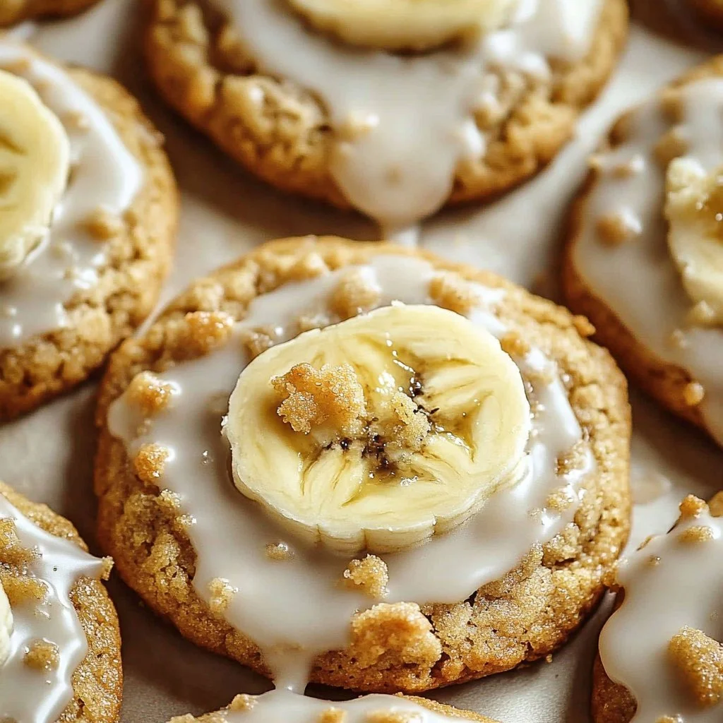 Delicious banana bread cookies topped with a creamy glaze on a wooden table.
