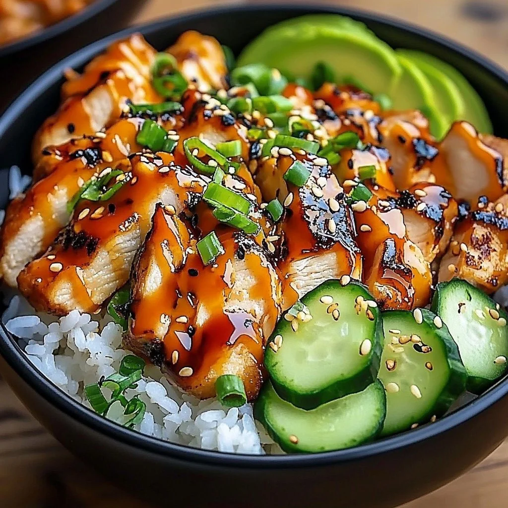 Delicious Bang Bang Chicken Bowl topped with fresh vegetables and spicy sauce.