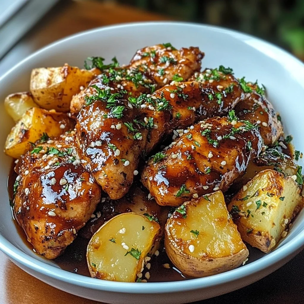 BBQ chicken with garlic parmesan potatoes served on a plate