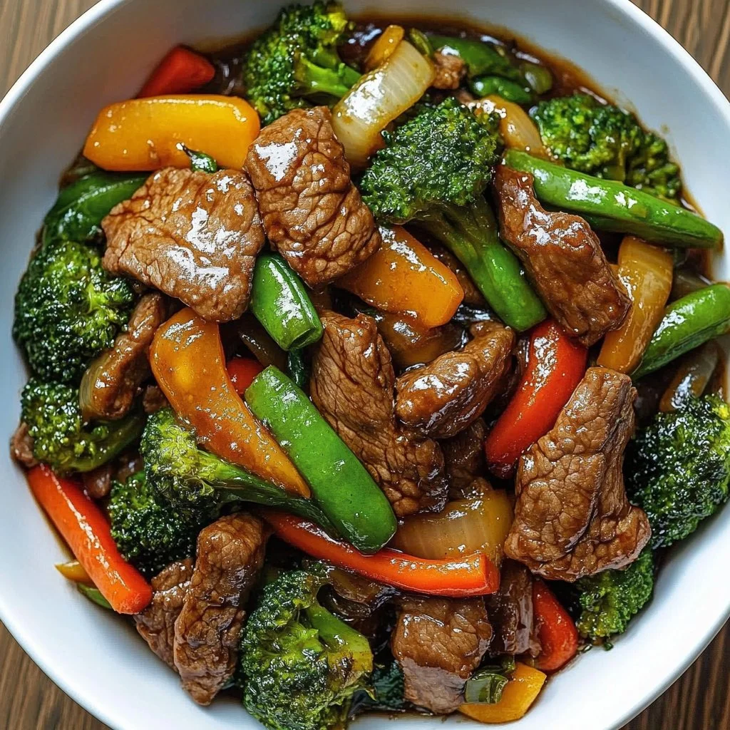 Beef stir fry with colorful vegetables on a plate
