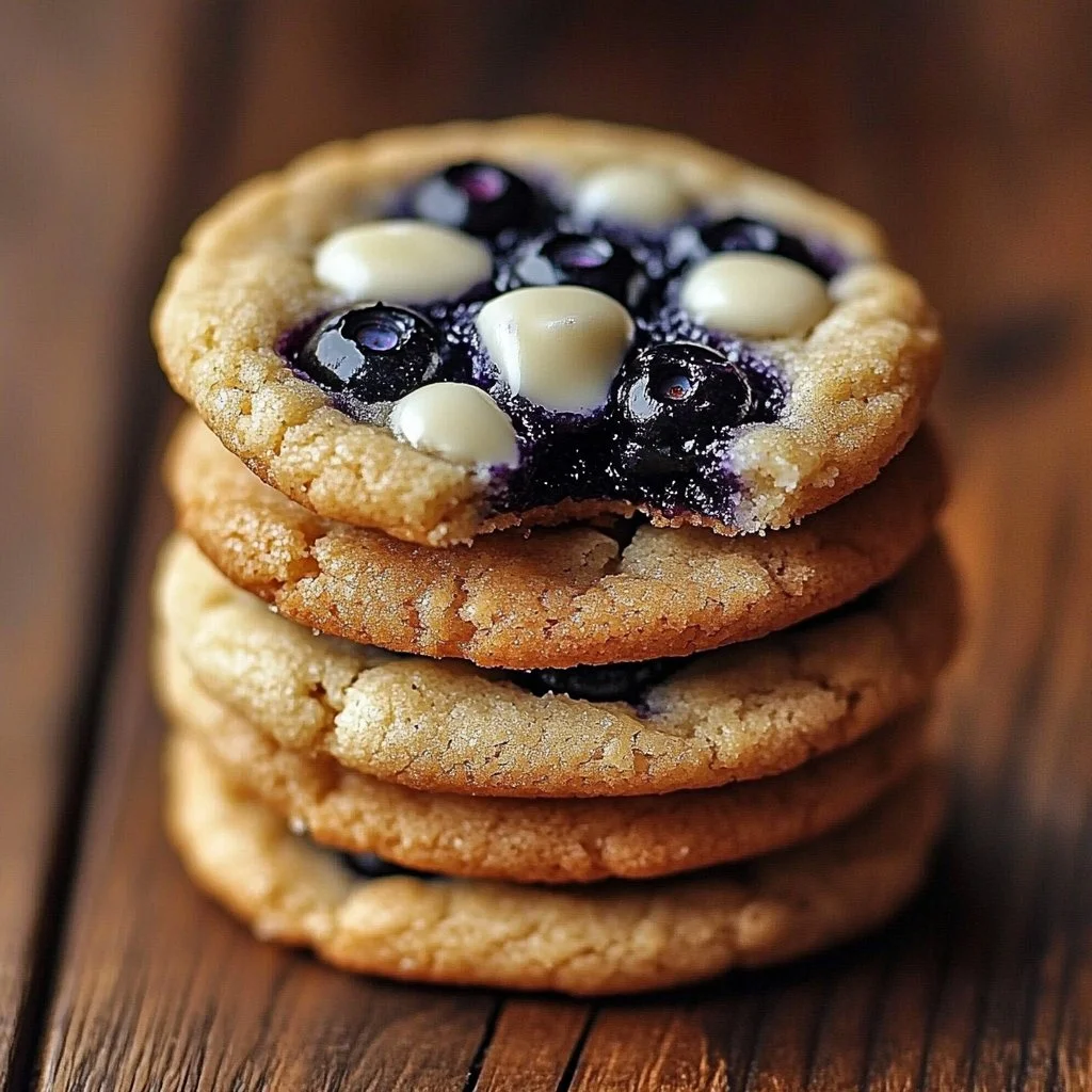 Delicious blueberry cheesecake cookies stacked on a plate