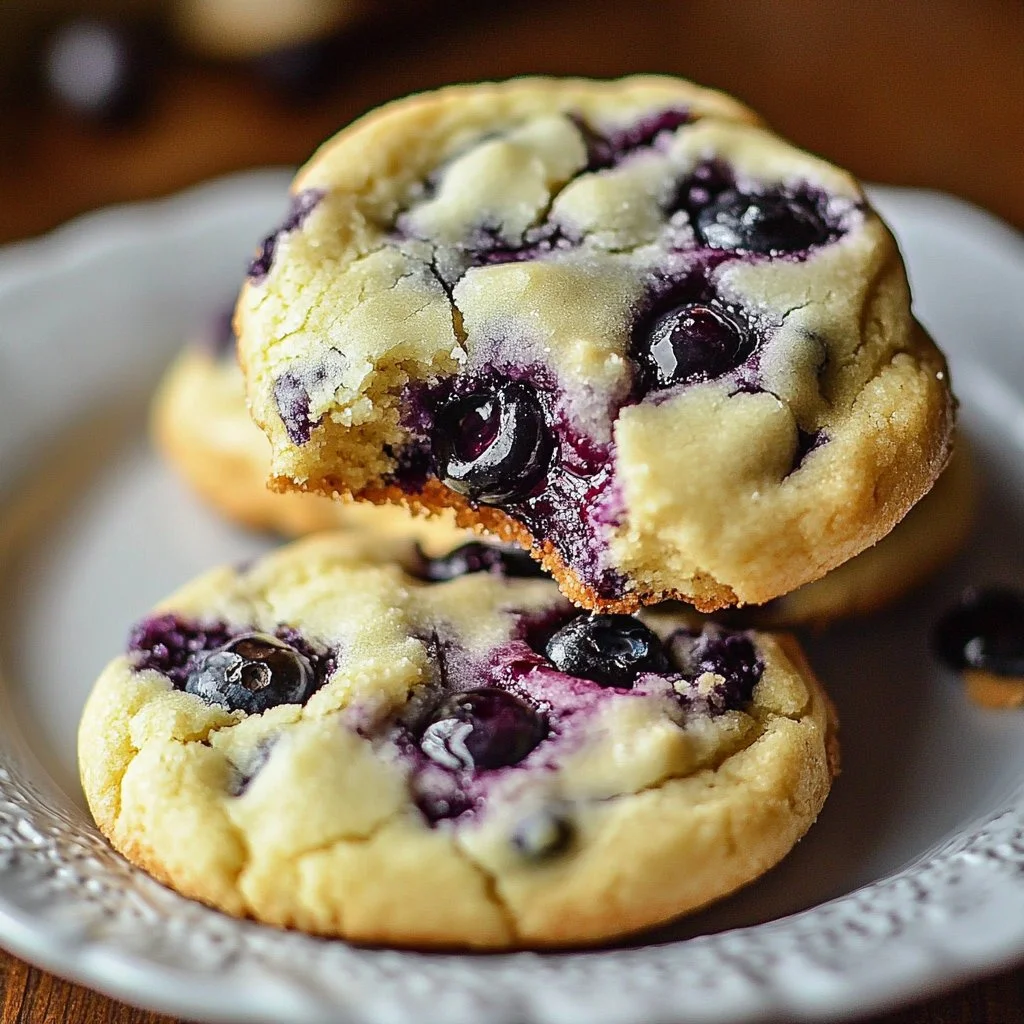 Blueberry cheesecake cookies freshly baked on a plate.