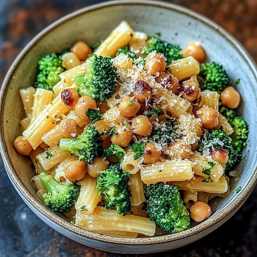 Plate of Broccoli Chickpea Pasta with Garlic Olive Oil topped with herbs