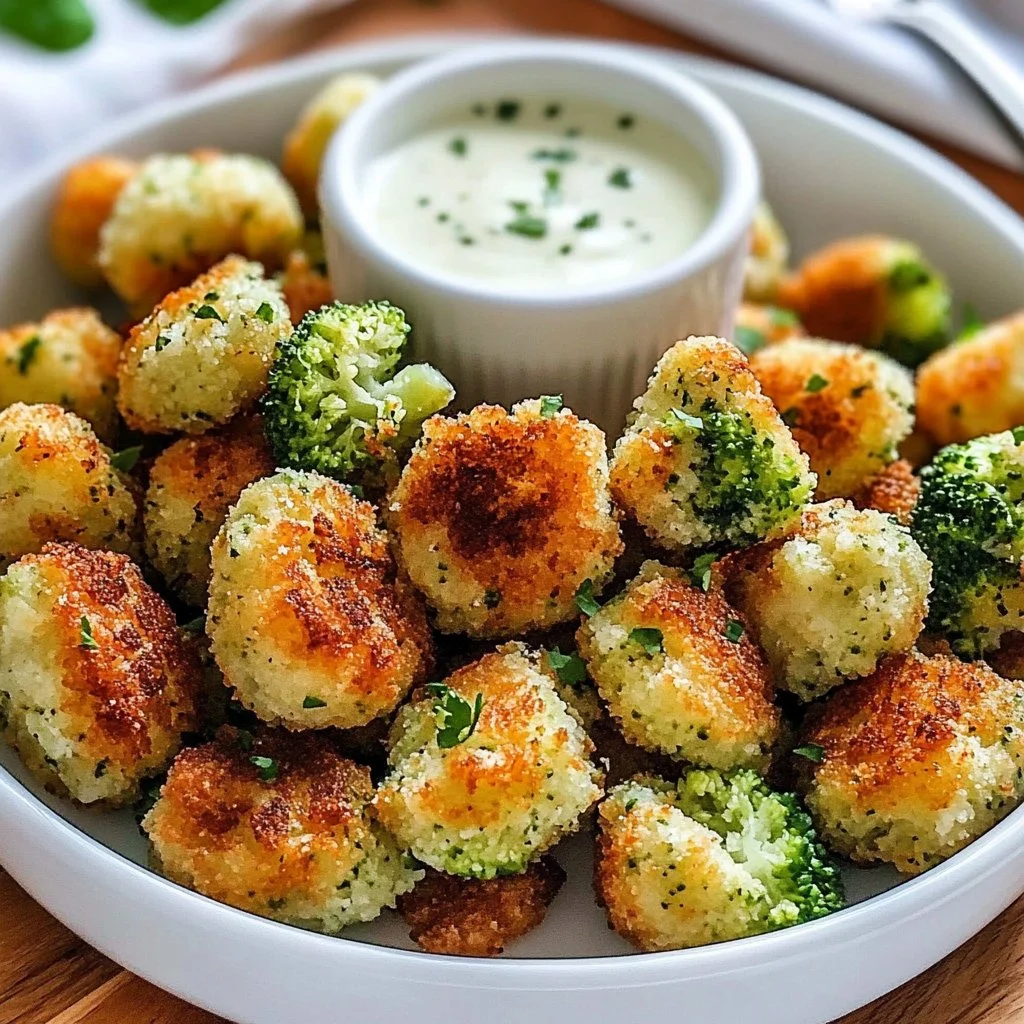 Homemade broccoli tots served on a plate with dipping sauce.