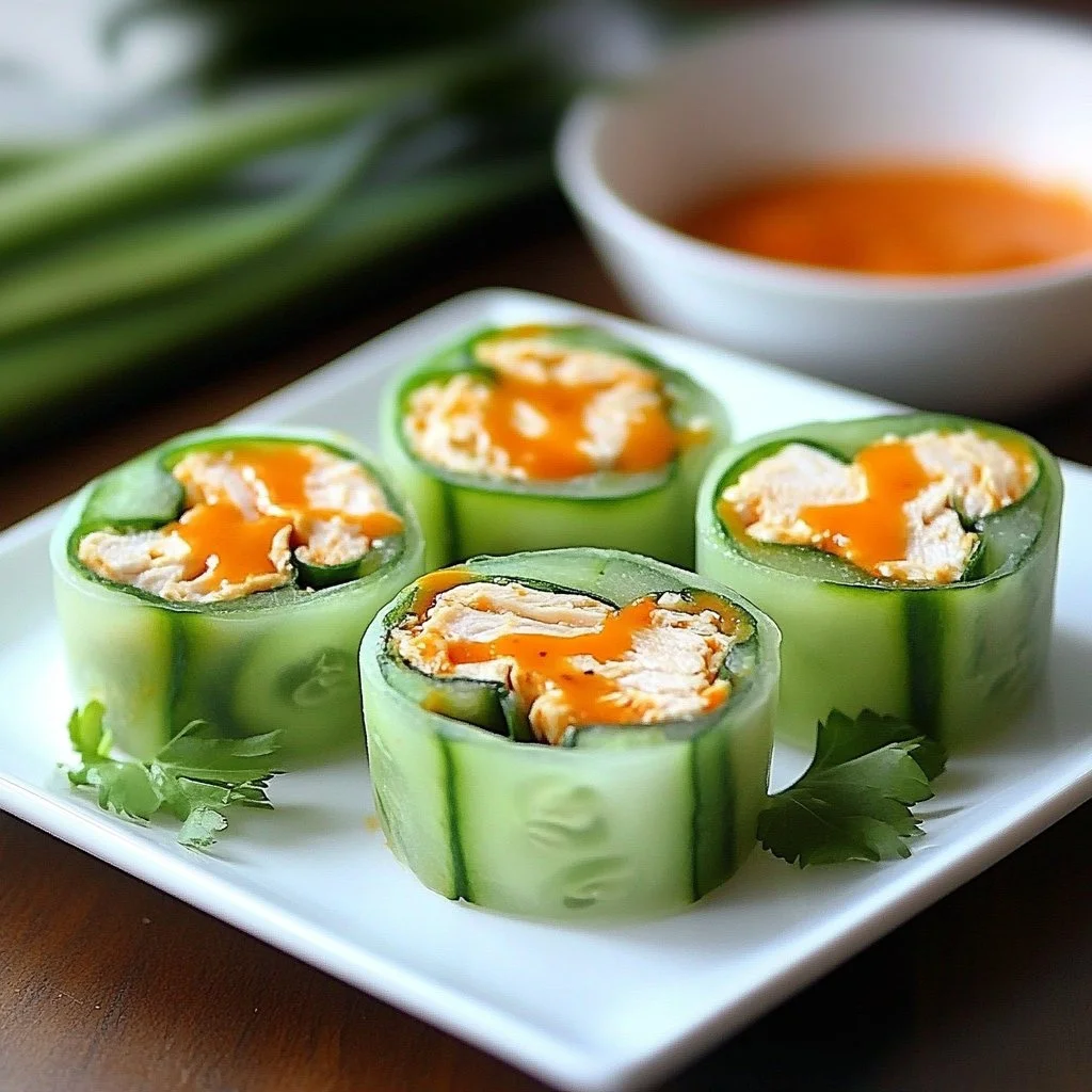 Buffalo chicken cucumber rolls served on a platter