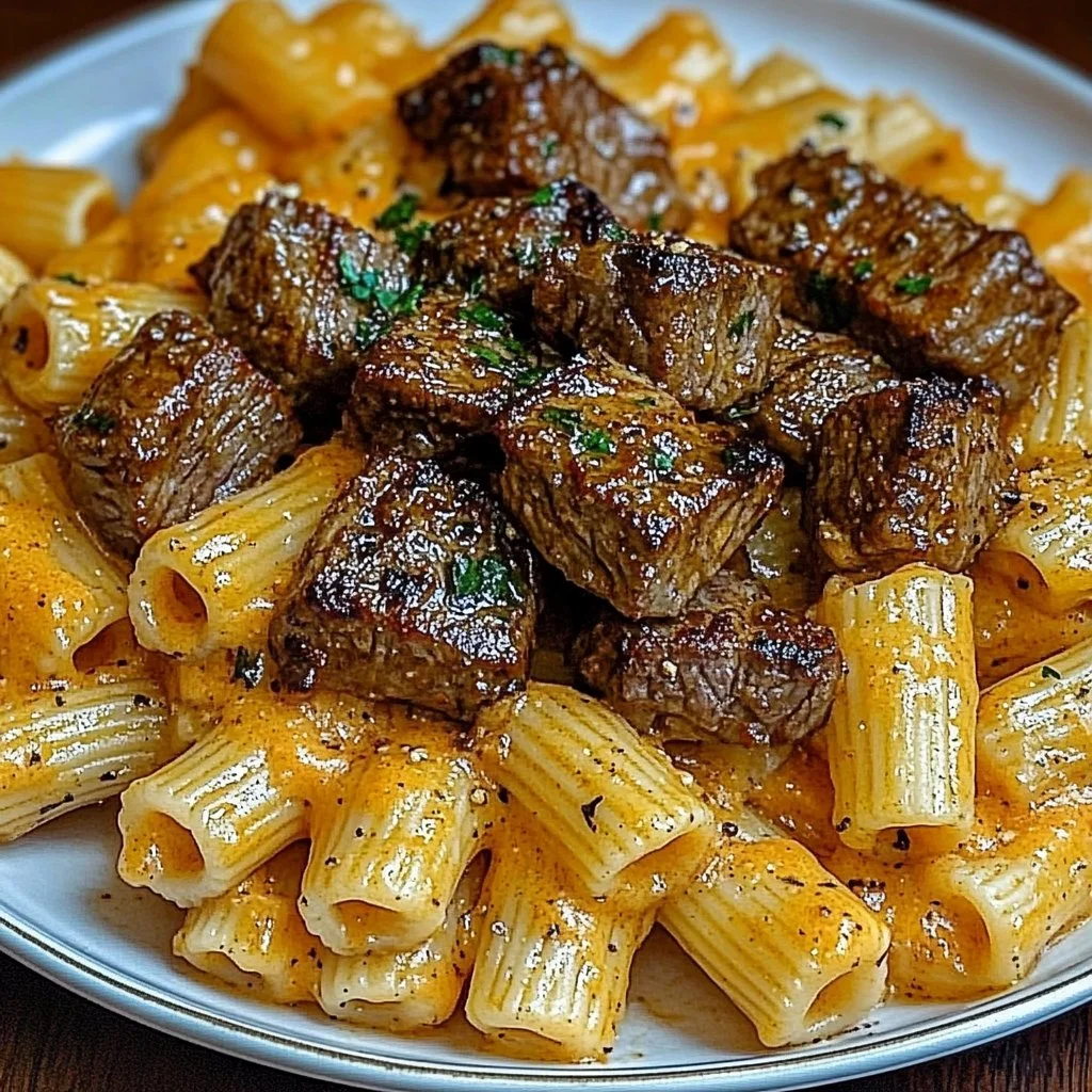 Cajun Steak Tips served with Cheesy Rigatoni on a plate