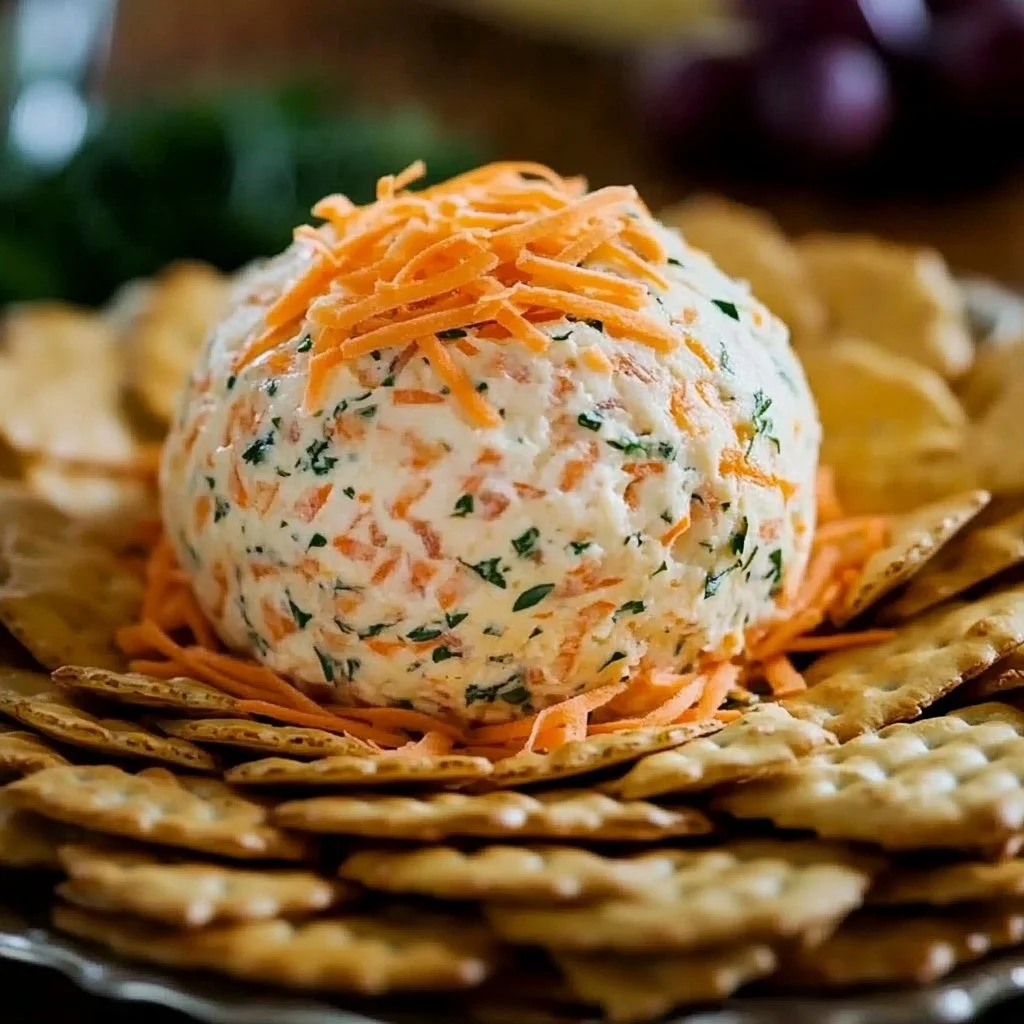 Cheddar Ranch Cheeseball served with crackers and veggies