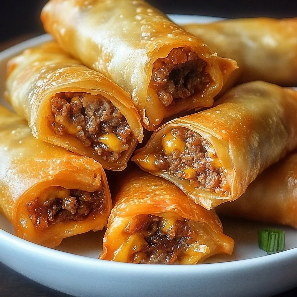 Delicious cheeseburger eggrolls filled with beef, cheese, and seasonings