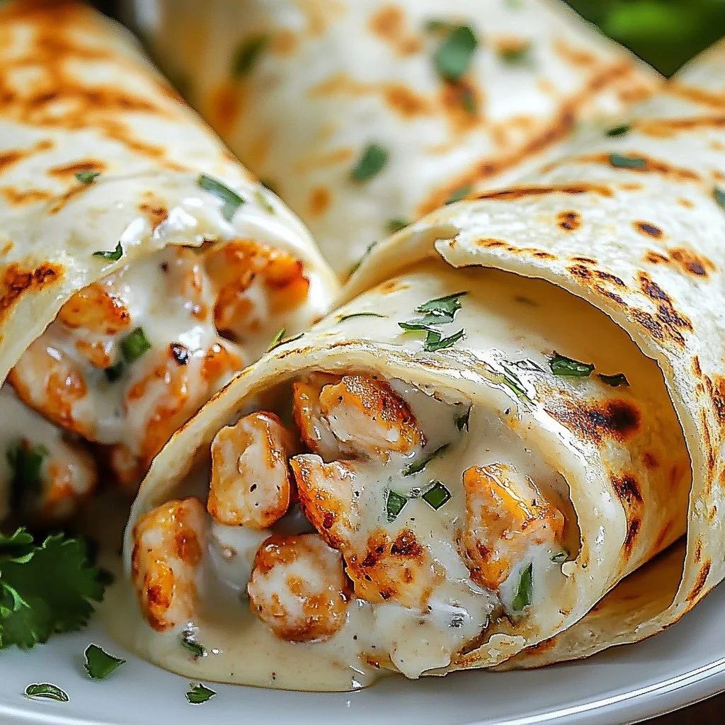Cheesy garlic chicken wraps garnished with fresh herbs on a plate