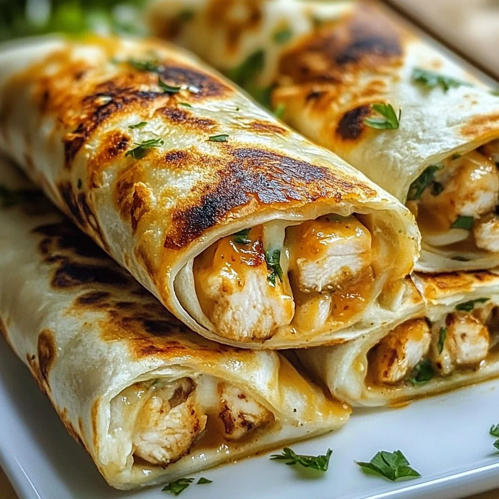 Cheesy garlic chicken wraps served on a white plate with fresh herbs