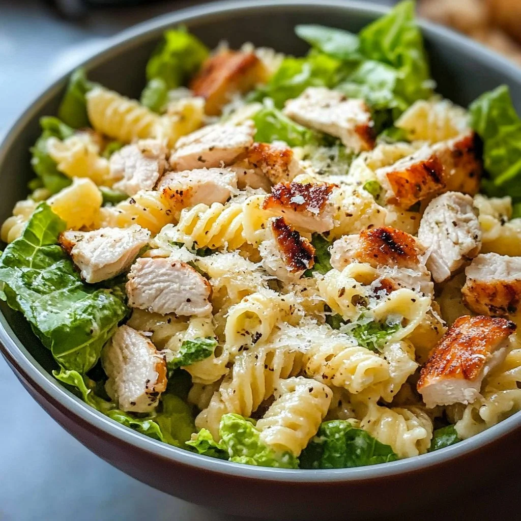 Delicious Chicken Caesar Pasta Salad with grilled chicken, romaine, and Caesar dressing