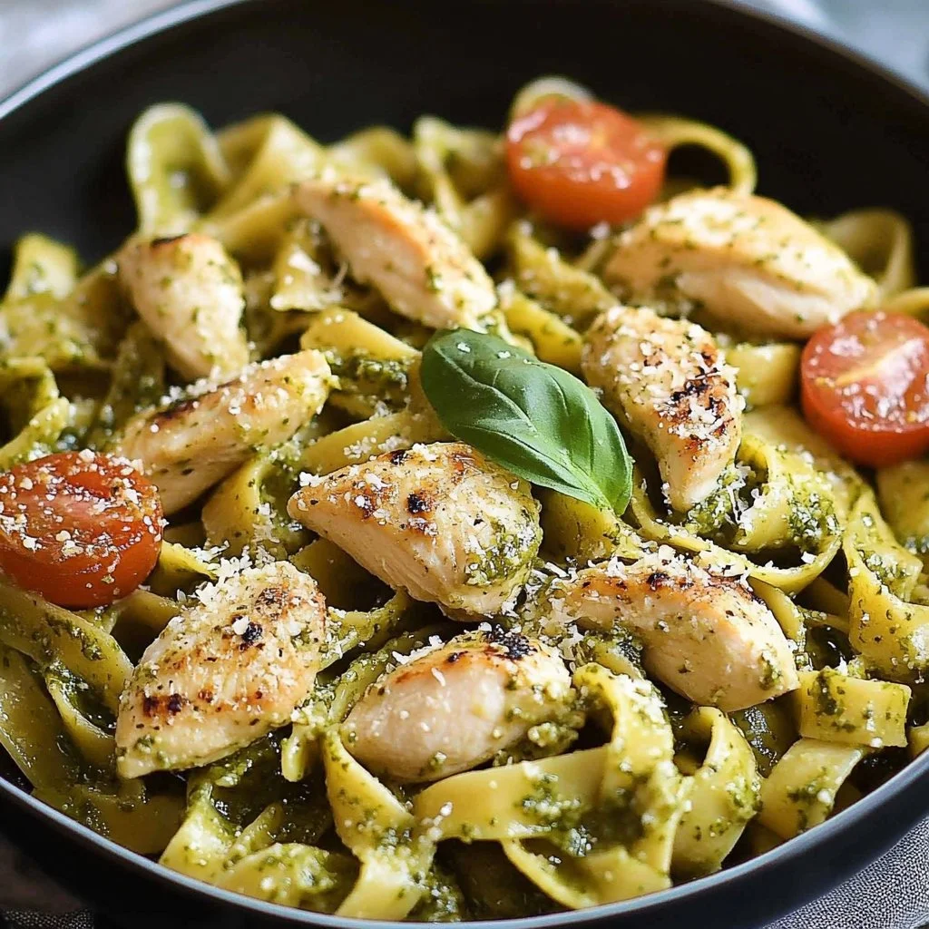 Delicious Chicken Pesto Pasta with fresh ingredients and vibrant colors.