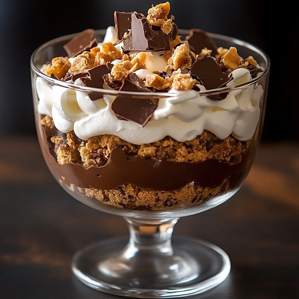 Delicious Chocolate Toffee Trifle dessert with layers of chocolate and toffee.
