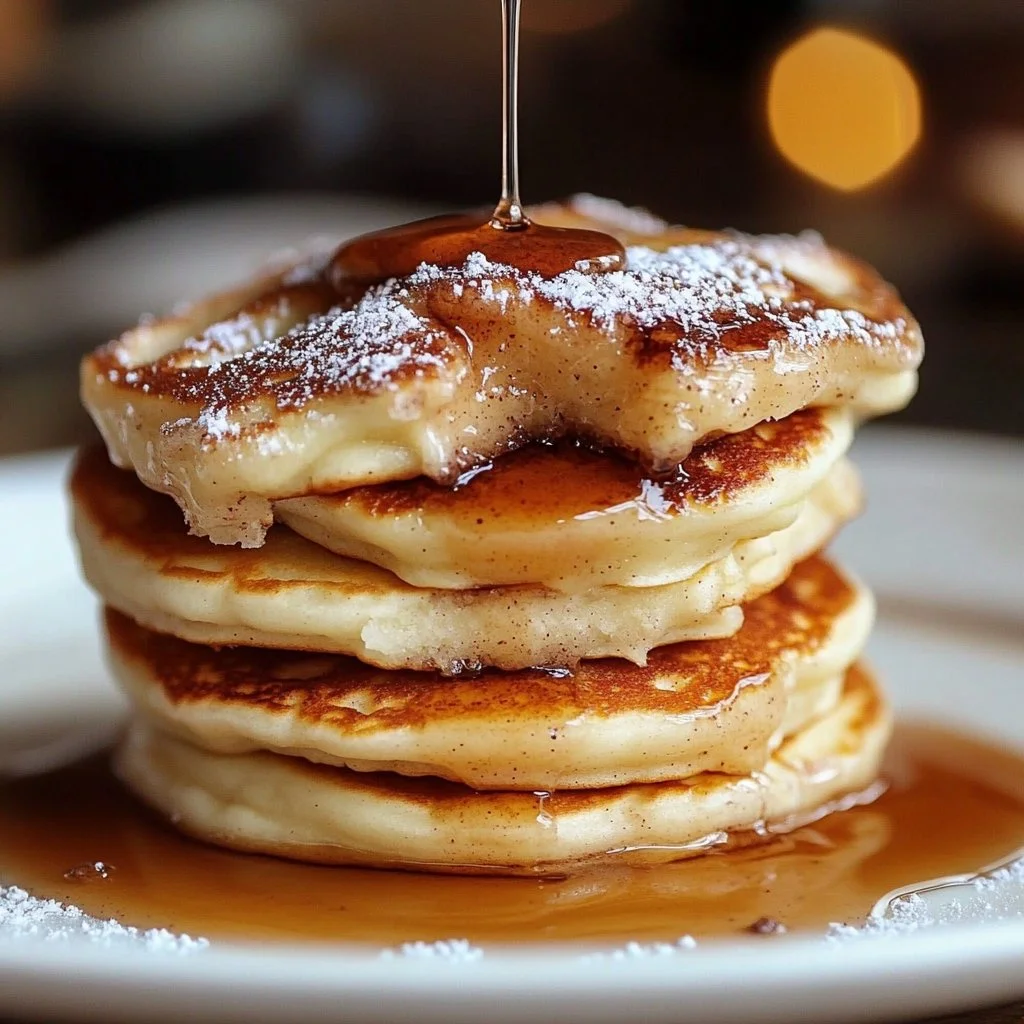 Delicious plate of fluffy cinnamon roll pancakes drizzled with icing