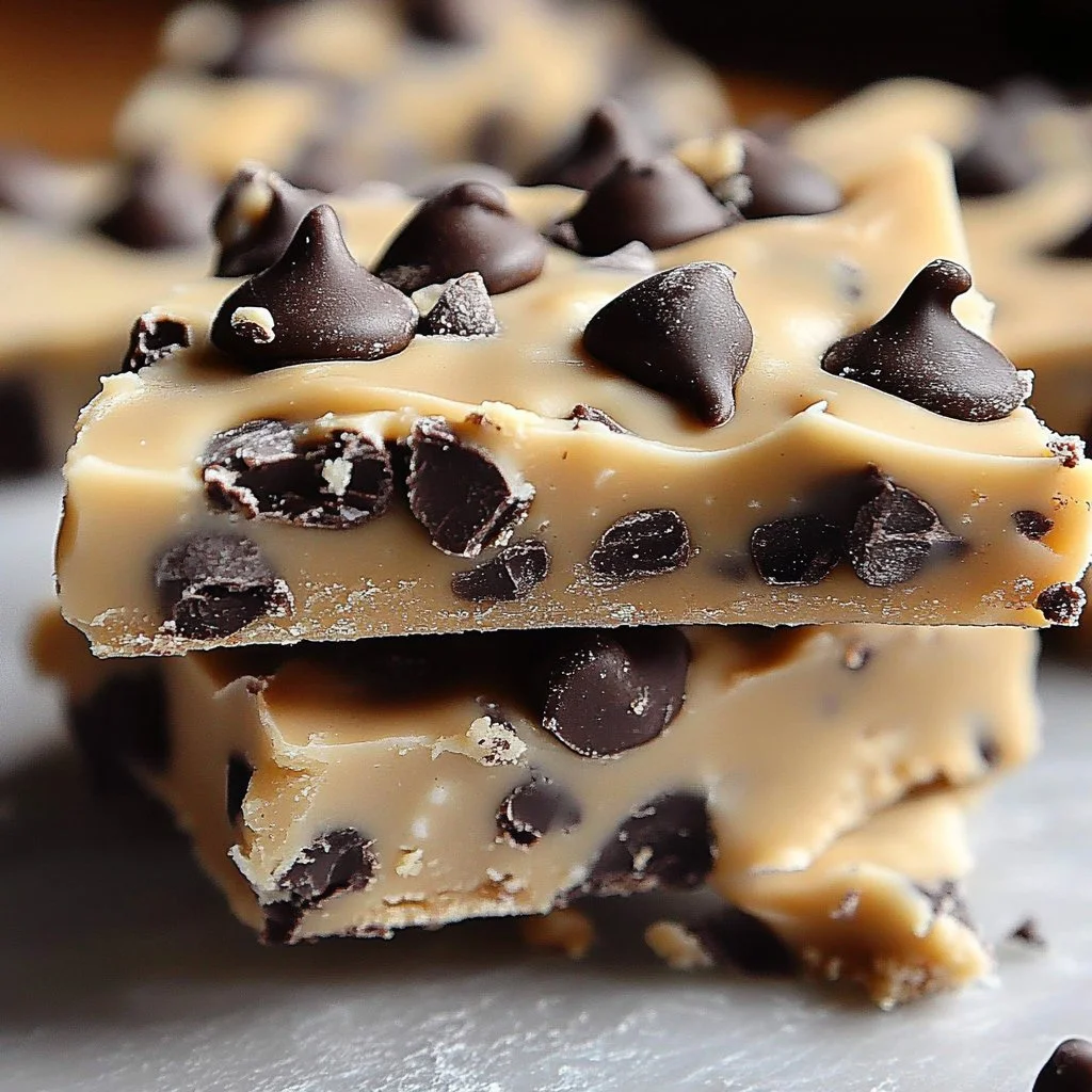 Delicious homemade Cookie Dough Bark garnished with chocolate chips.