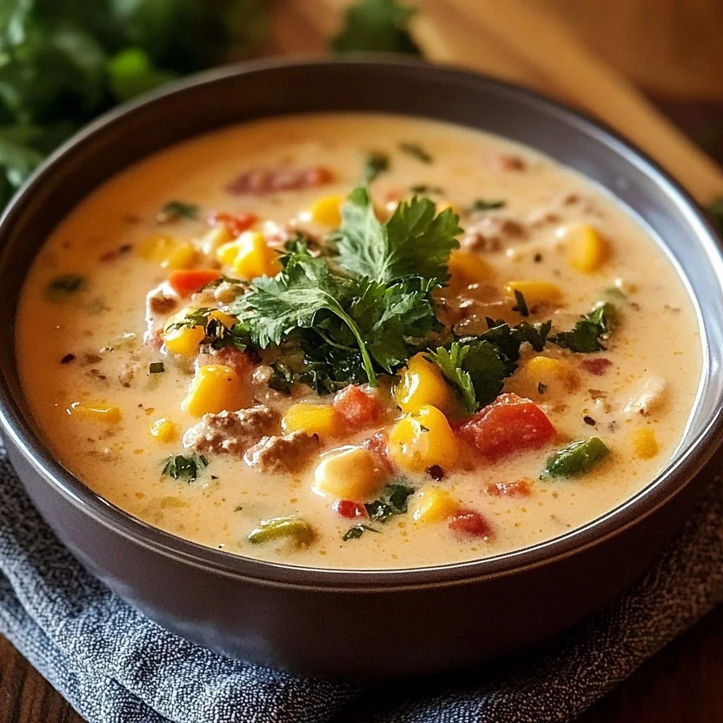 Bowl of creamy cowboy soup with vegetables and spices