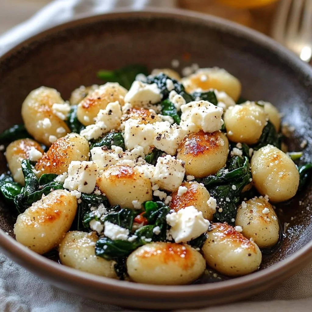 Creamy gnocchi dish with spinach and feta cheese garnished with herbs