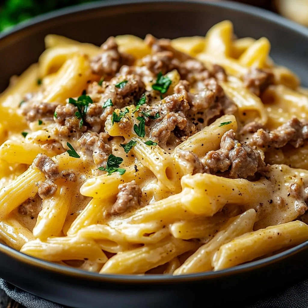 Creamy high protein beef pasta served in a bowl with herbs and cheese topping.