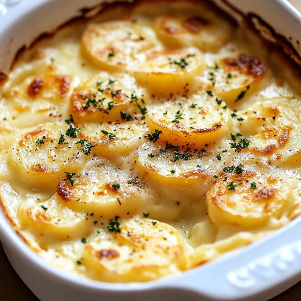 Creamy scalloped potatoes dish served in a baking dish