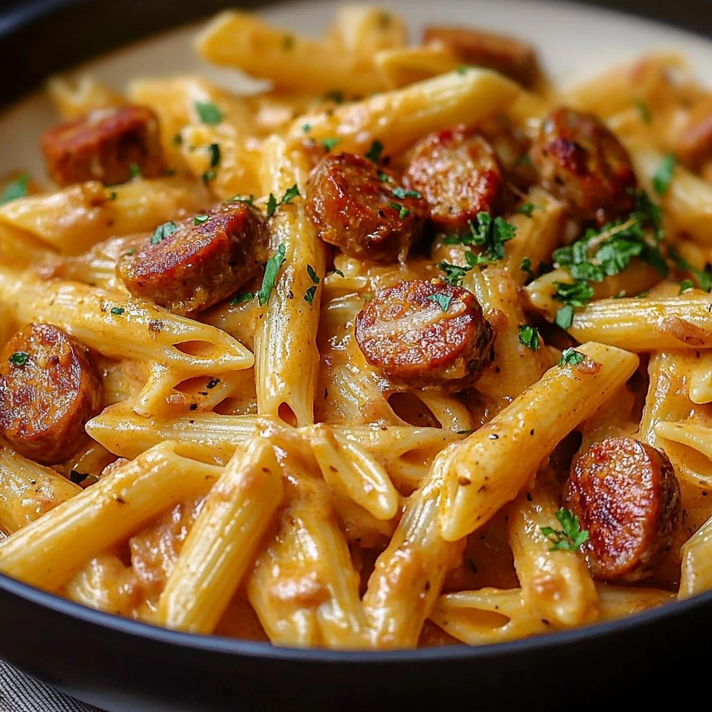 Creamy spicy Cajun sausage pasta served in a bowl with herbs.