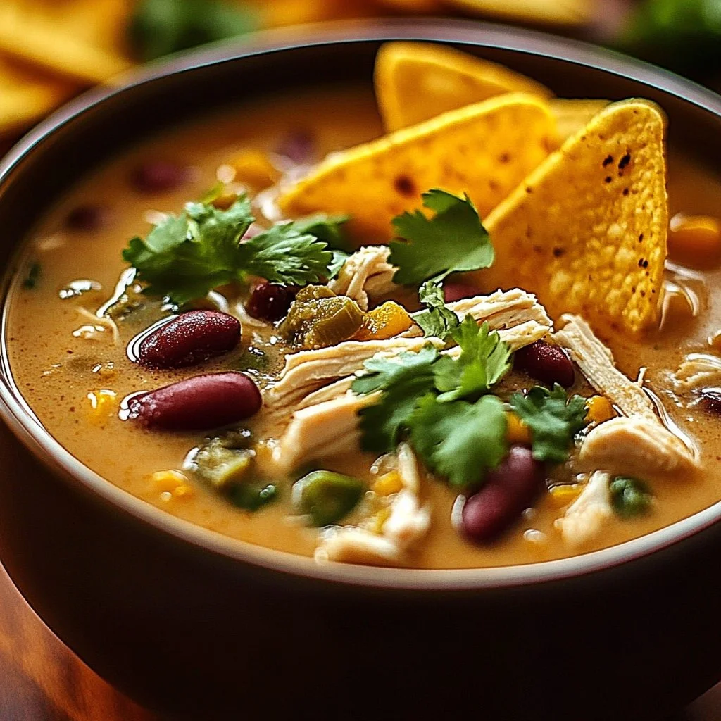 Bowl of creamy white chicken chili topped with cilantro and jalapeños