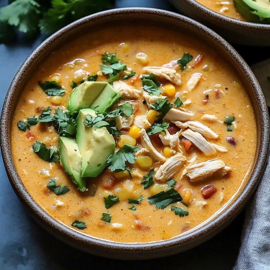 Bowl of creamy white chicken chili topped with fresh herbs