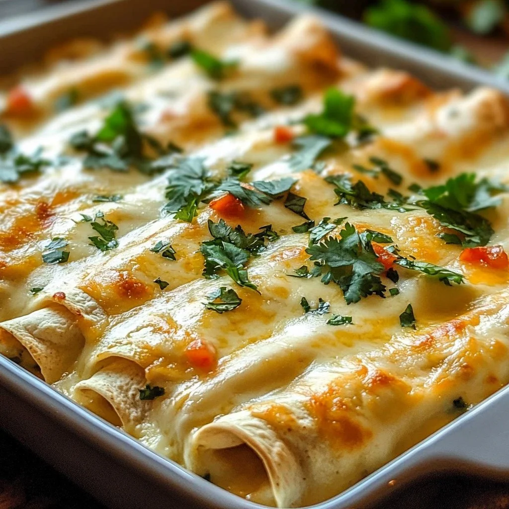 Creamy white chicken enchiladas topped with cheese and garnished with cilantro