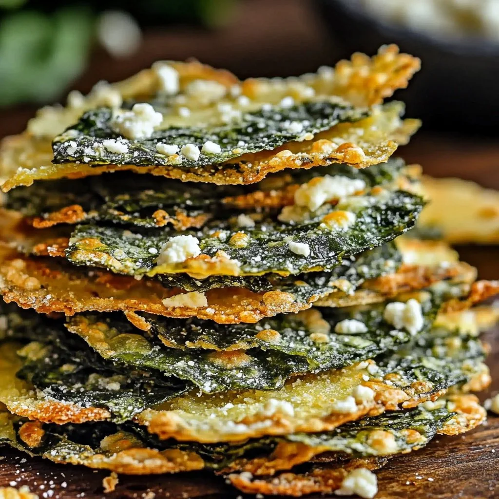 Delicious crispy spinach and feta crisps served as a healthy snack.