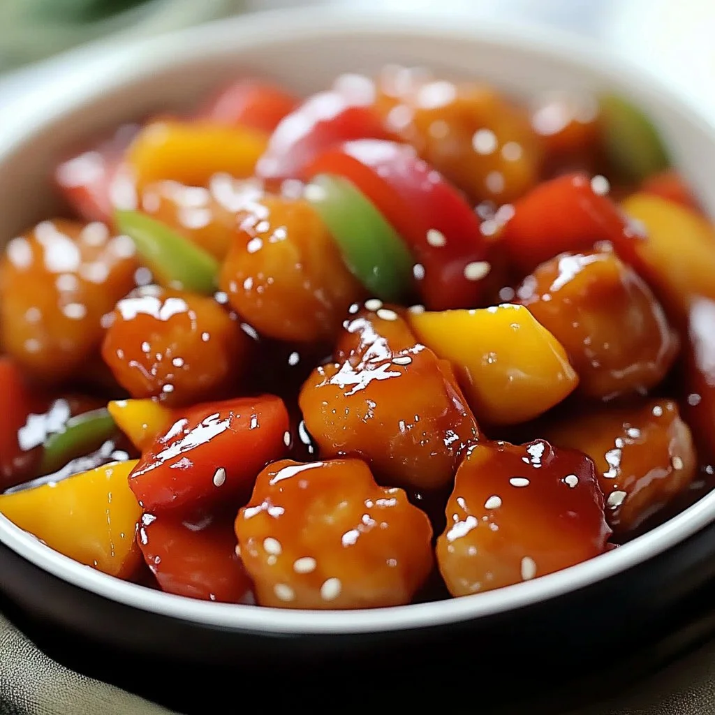 Crispy sweet and sour chicken served with colorful vegetables.