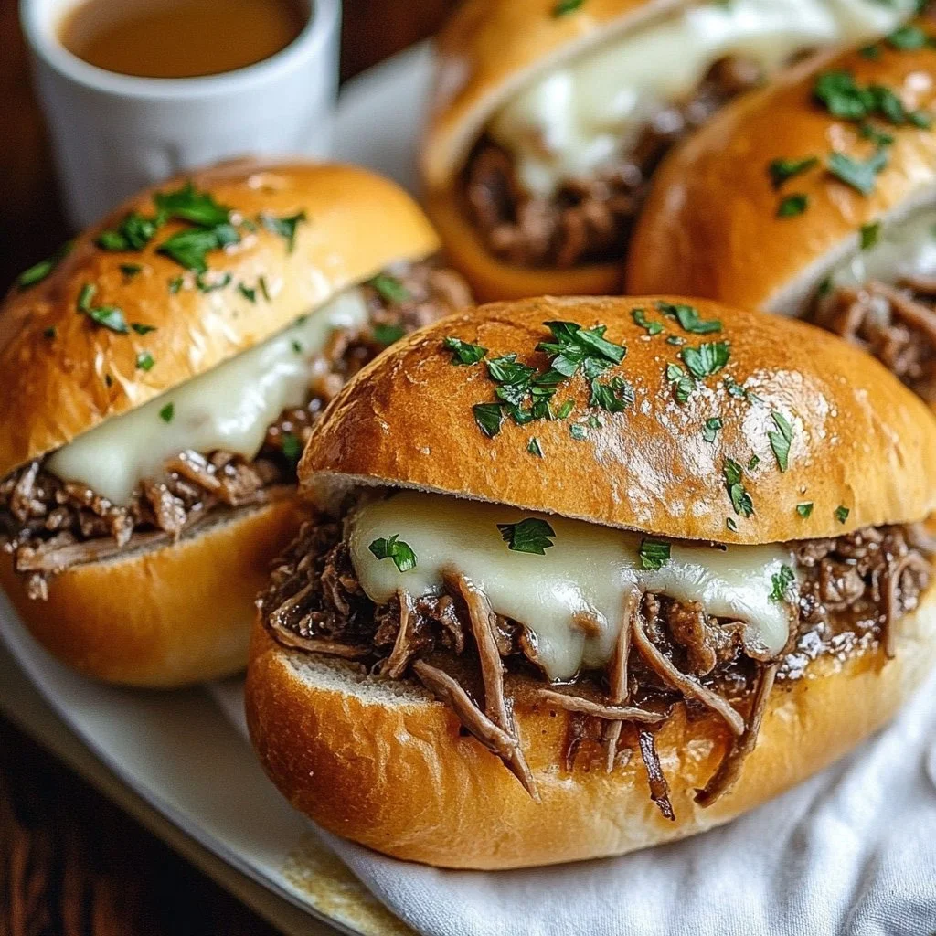 Crockpot French Dip Sandwiches with beef and au jus for dipping