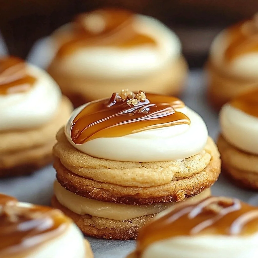 Crumbl salted caramel cheesecake cookie topped with caramel drizzle