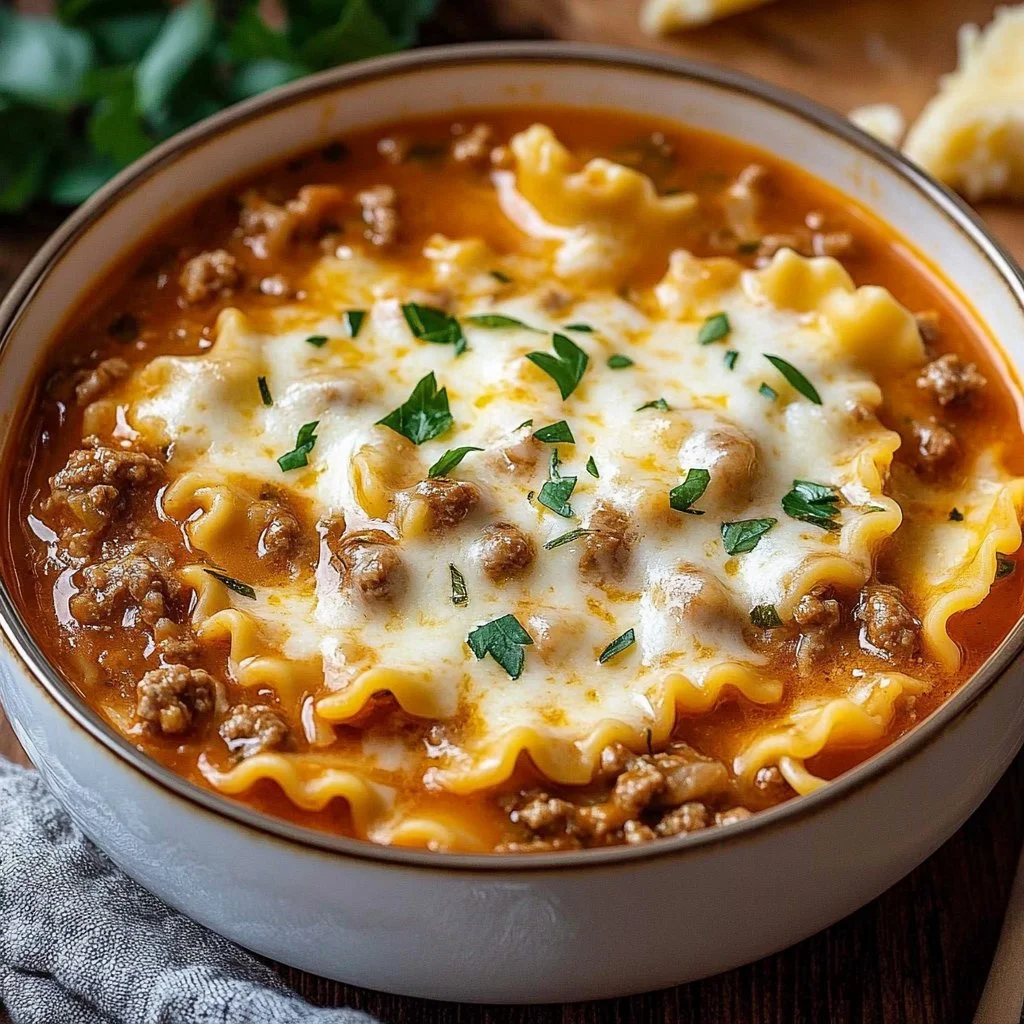 A bowl of easy lasagna soup topped with cheese and fresh herbs.