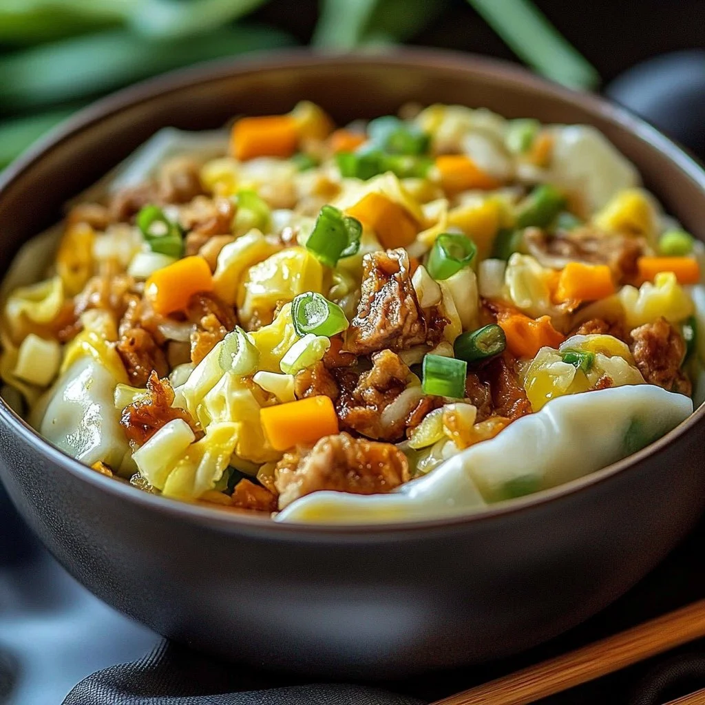 Delicious egg roll in a bowl topped with veggies and sauce