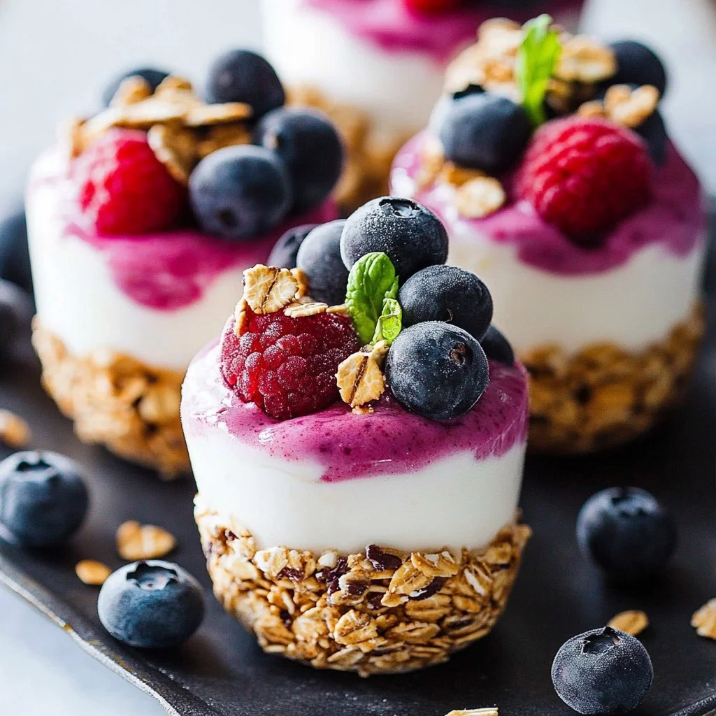 Frozen yogurt granola cups topped with fresh fruit and nuts