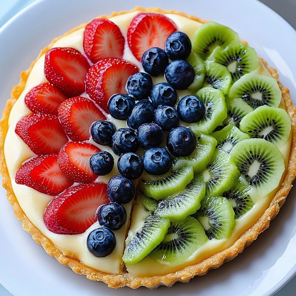A vibrant fruit pizza topped with assorted fresh fruits and creamy spread.