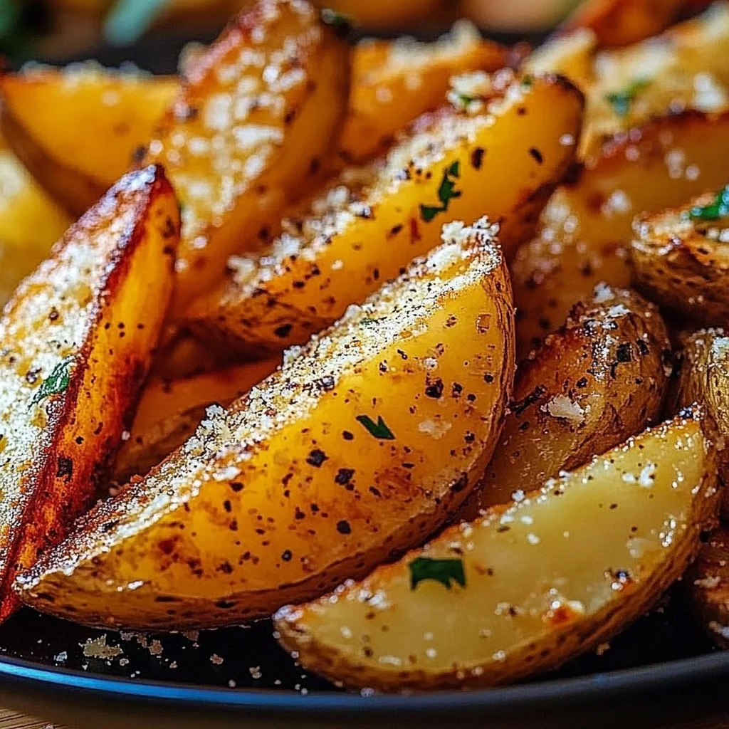 Crispy Garlic Parmesan Potato Wedges served on a plate with herbs
